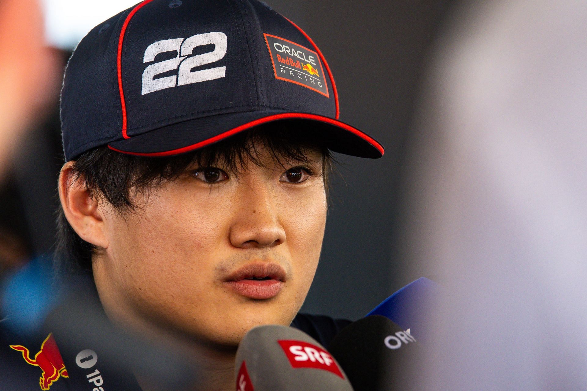Yuki Tsunoda in the media pen after F1's Spanish Grand Prix qualifying. Source: Getty